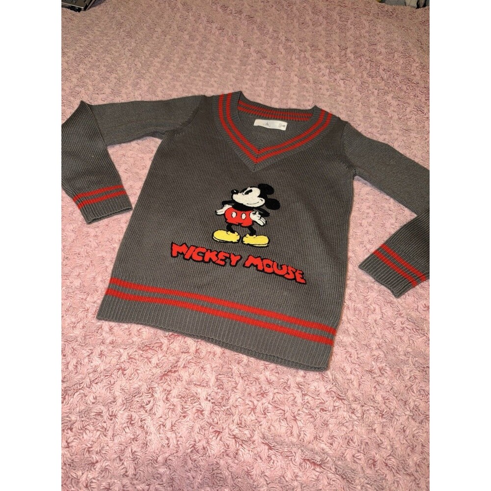 Disney Mickey Mouse Varsity Sweater Women's Size XS Grey Red Pin Stripe V-Neck